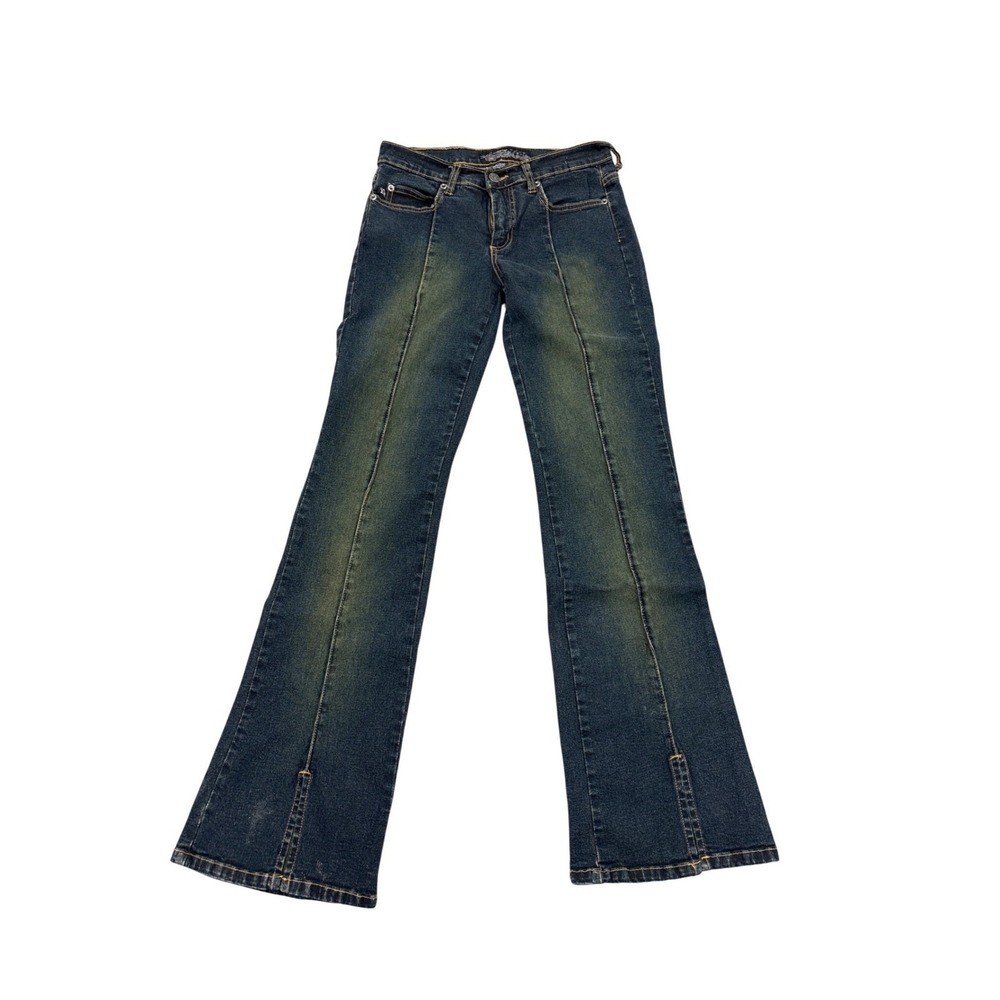 Tyte Flare Leg Jeans Womens 7 Dark Wash Sandblast Front Seam Split Hem Y2K Style